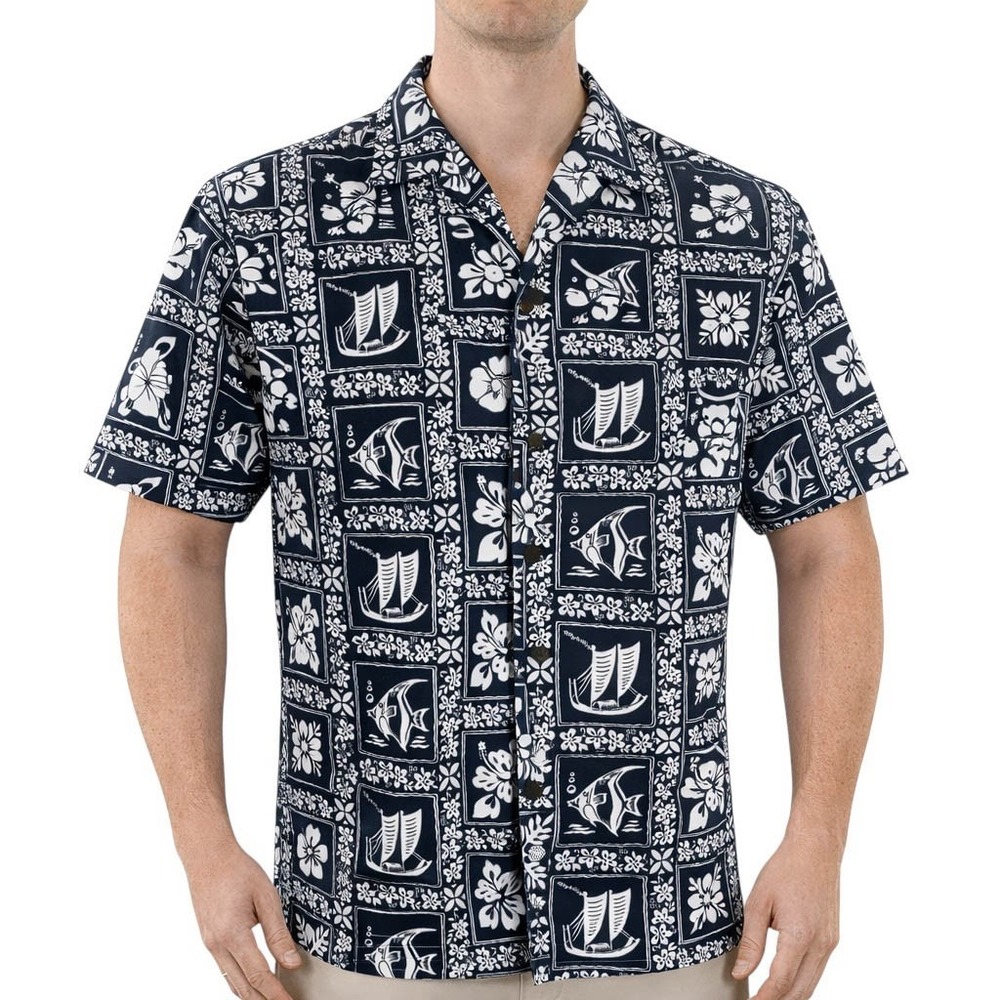 Royal Creations Hawaiian Aloha Shirt Large Troical Fish Floral Boats Black White
